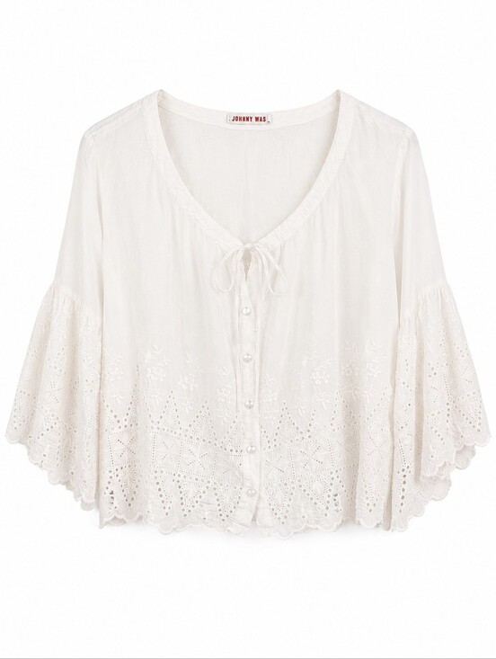 Johnny Was Tops - Johnny Was White Eyelet Embroidered Button Front Cropped Blouse, Tie Neck, L